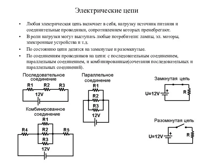 Электрические цепи Любая электрическая цепь включает в себя, нагрузку источник питания