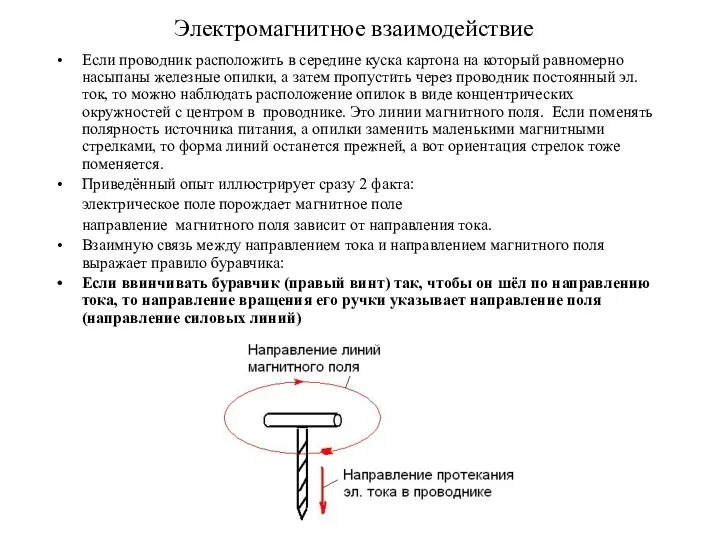 Электромагнитное взаимодействие Если проводник расположить в середине куска картона на который