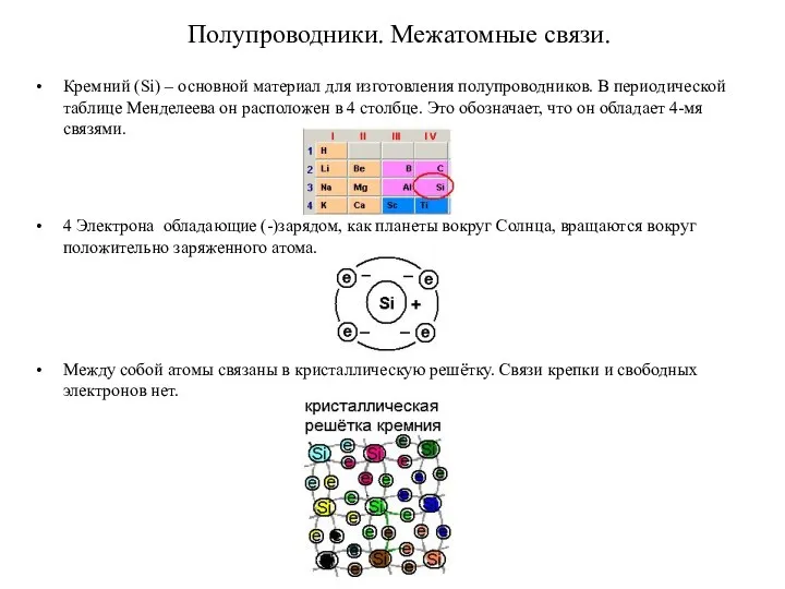 Полупроводники. Межатомные связи. Кремний (Si) – основной материал для изготовления полупроводников.