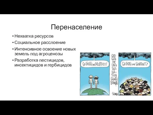 Перенаселение Нехватка ресурсов Социальное расслоение Интенсивное освоение новых земель под агроценозы Разработка пестицидов, инсектицидов и гербицидов