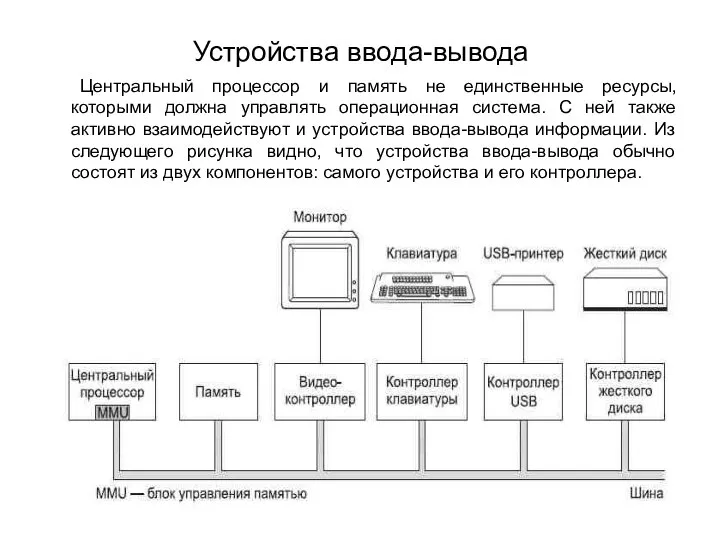 Устройства ввода-вывода Центральный процессор и память не единственные ресурсы, которыми должна