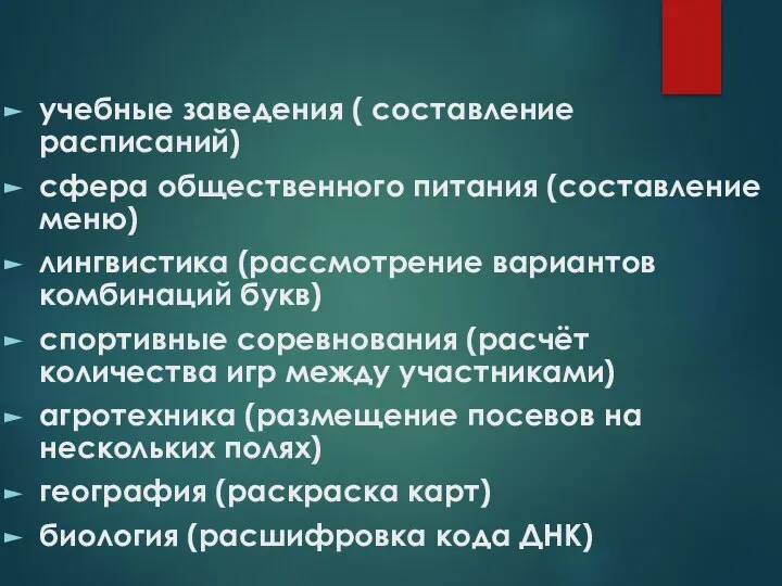 учебные заведения ( составление расписаний) сфера общественного питания (составление меню) лингвистика