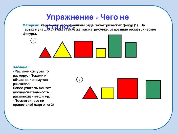 Упражнение « Чего не стало?» Материал: карточка с изображением ряда геометрических
