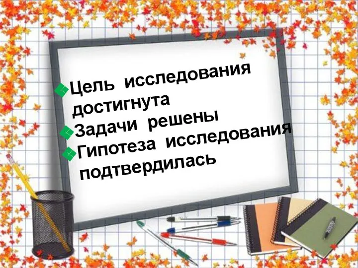 Цель исследования достигнута Задачи решены Гипотеза исследования подтвердилась