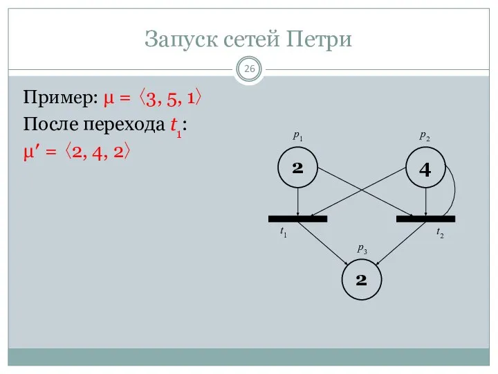 Запуск сетей Петри Пример: μ = 〈3, 5, 1〉 После перехода