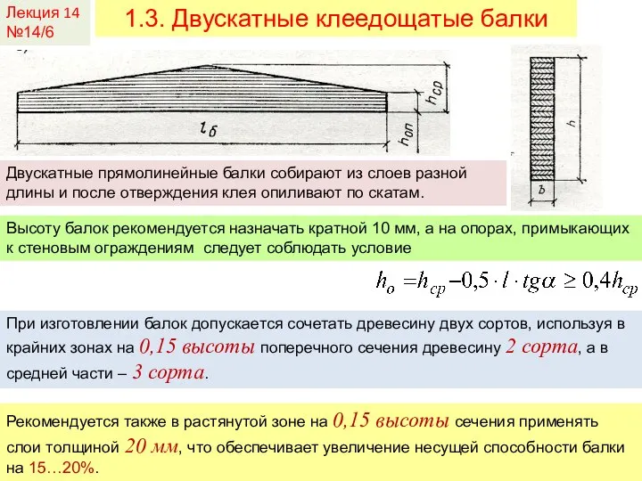 Лекция 14 №14/6 1.3. Двускатные клеедощатые балки Двускатные прямолинейные балки собирают