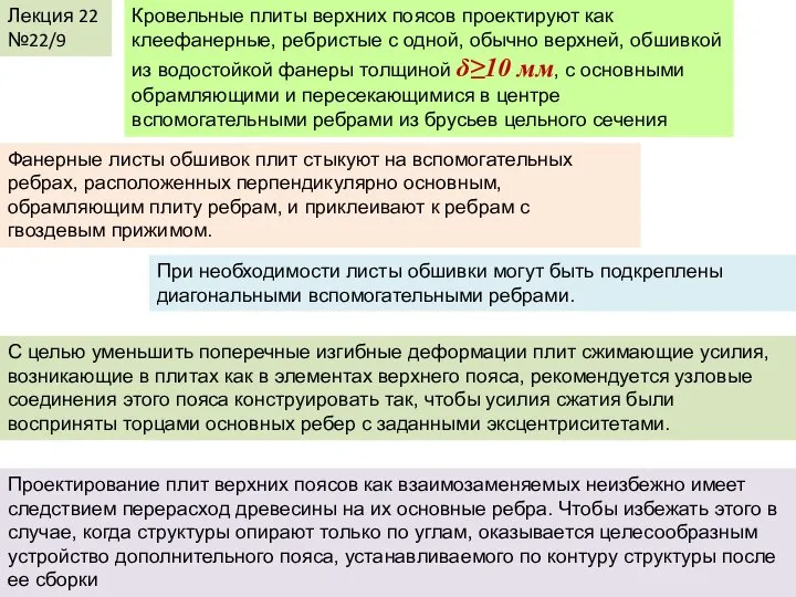 Лекция 22 №22/9 Кровельные плиты верхних поясов проектируют как клеефанерные, ребристые