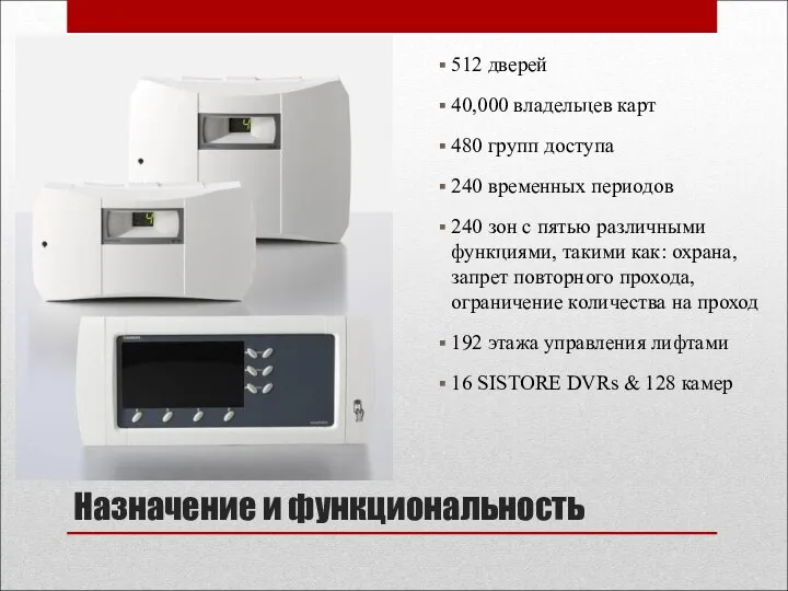 Назначение и функциональность 512 дверей 40,000 владельцев карт 480 групп доступа