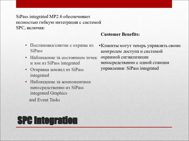 SPC Integration Постановка/снятие с охраны из SiPass Наблюдение за состоянием точек