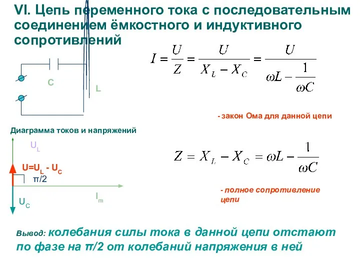 VI. Цепь переменного тока с последовательным соединением ёмкостного и индуктивного сопротивлений