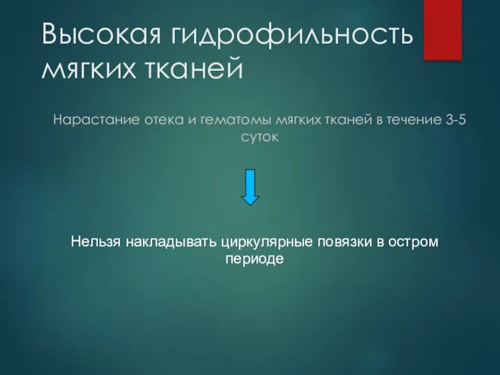 Высокая гидрофильность мягких тканей Нарастание отека и гематомы мягких тканей в