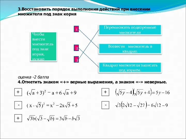 Чтобы внести множитель под знак корня, нужно 3 оценка -2 балла