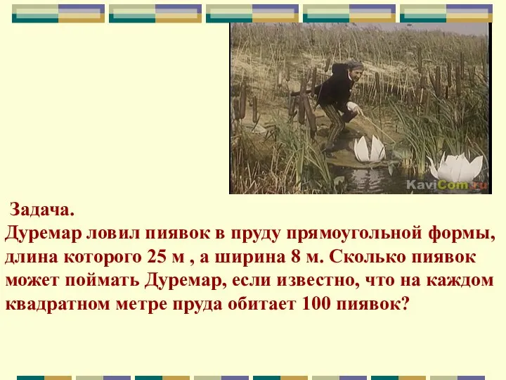 Задача. Дуремар ловил пиявок в пруду прямоугольной формы, длина которого 25