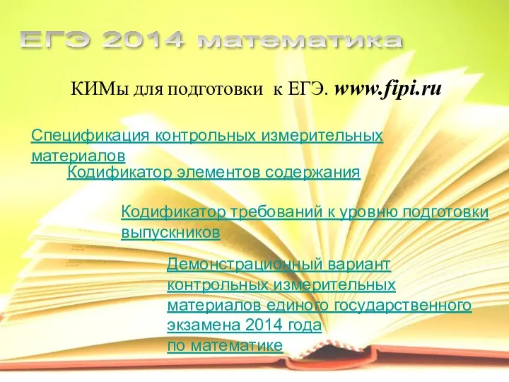 ЕГЭ 2014 математика КИМы для подготовки к ЕГЭ. www.fipi.ru Спецификация контрольных