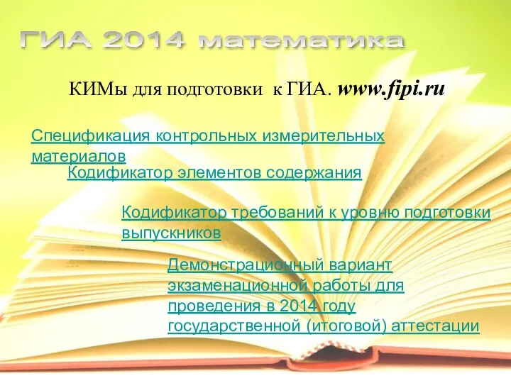 КИМы для подготовки к ГИА. www.fipi.ru ГИА 2014 математика Спецификация контрольных