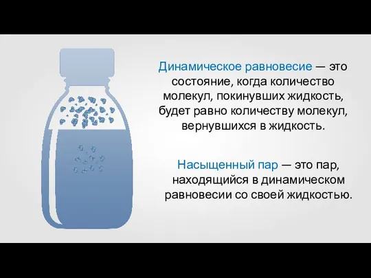 Динамическое равновесие — это состояние, когда количество молекул, покинувших жидкость, будет