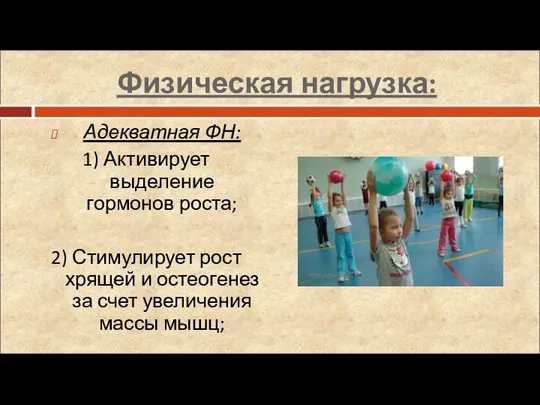 Физическая нагрузка: Адекватная ФН: 1) Активирует выделение гормонов роста; 2) Стимулирует