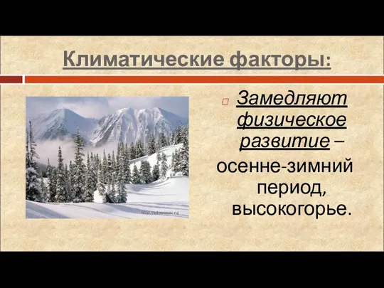 Климатические факторы: Замедляют физическое развитие – осенне-зимний период, высокогорье. http://admvenev.ru/