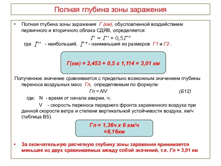 Полная глубина зоны заражения Полная глубина зоны заражения Г (км), обусловленной