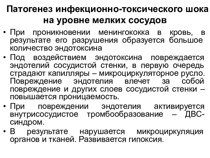 Патогенез инфекционно-токсического шока на уровне мелких сосудов При проникновении менингококка в