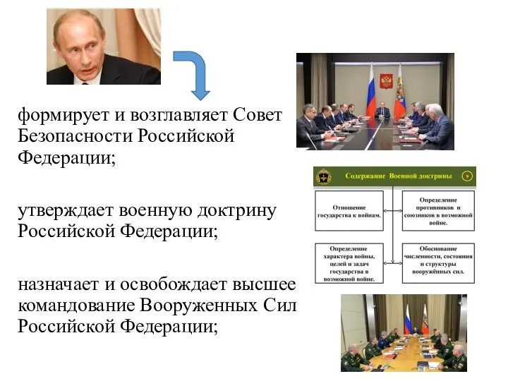 формирует и возглавляет Совет Безопасности Российской Федерации; утверждает военную доктрину Российской