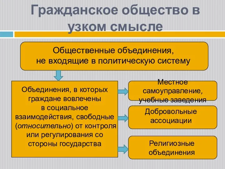 Гражданское общество в узком смысле Общественные объединения, не входящие в политическую