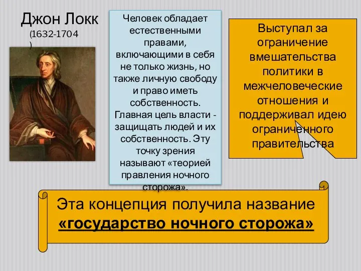 Джон Локк Выступал за ограничение вмешательства политики в межчеловеческие отношения и