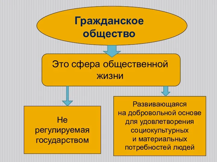 Гражданское общество Это сфера общественной жизни Не регулируемая государством Развивающаяся на