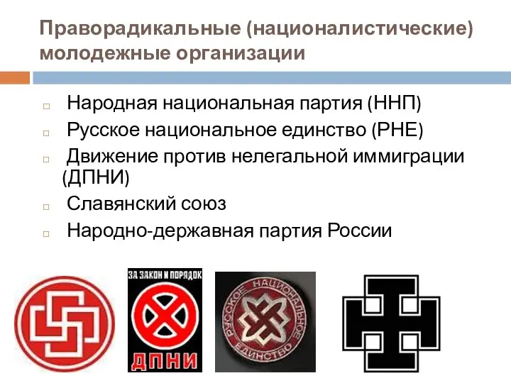 Праворадикальные (националистические) молодежные организации Народная национальная партия (ННП) Русское национальное единство