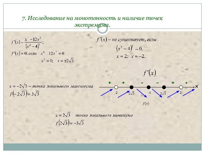 7. Исследование на монотонность и наличие точек экстремума. х + + - - + +