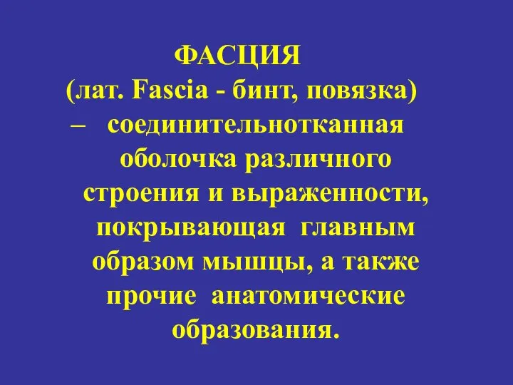 ФАСЦИЯ (лат. Fascia - бинт, повязка) – соединительнотканная оболочка различного строения