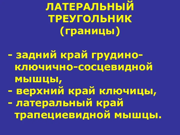 ЛАТЕРАЛЬНЫЙ ТРЕУГОЛЬНИК (границы) - задний край грудино- ключично-сосцевидной мышцы, - верхний