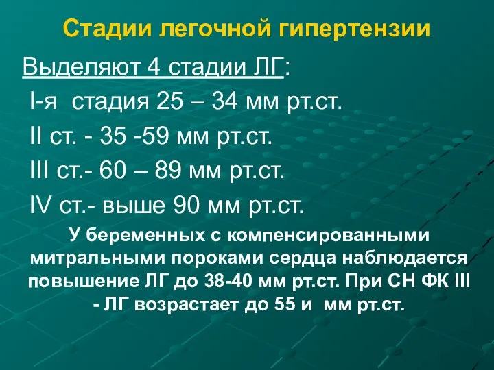 Стадии легочной гипертензии Выделяют 4 стадии ЛГ: I-я стадия 25 –