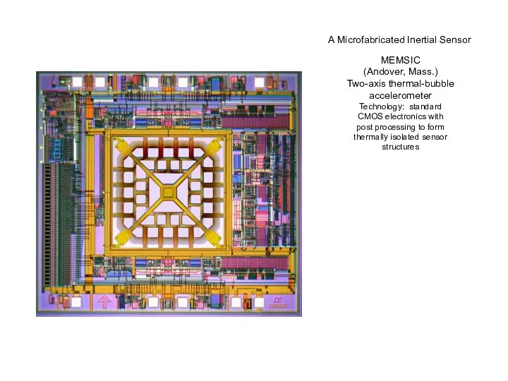 A Microfabricated Inertial Sensor MEMSIC (Andover, Mass.) Two-axis thermal-bubble accelerometer Technology: