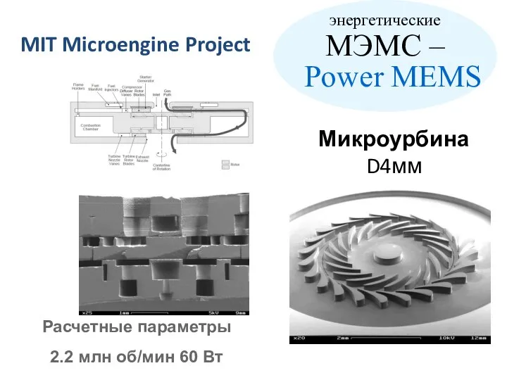 MIT Microengine Project Микроурбина D4мм Расчетные параметры 2.2 млн об/мин 60