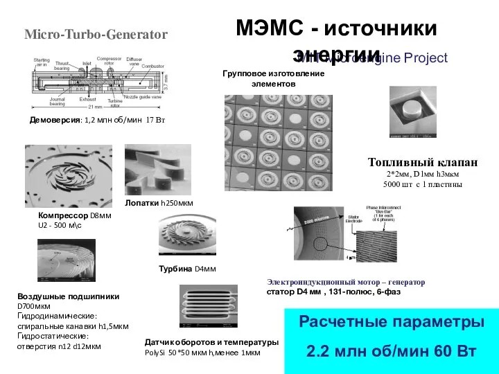 Micro-Turbo-Generator MIT Microengine Project Демоверсия: 1,2 млн об/мин 17 Вт Компрессор