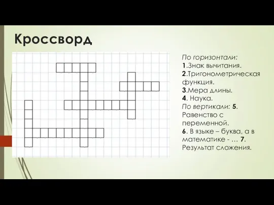 Кроссворд По горизонтали: 1.Знак вычитания. 2.Тригонометрическая функция. 3.Мера длины. 4. Наука.