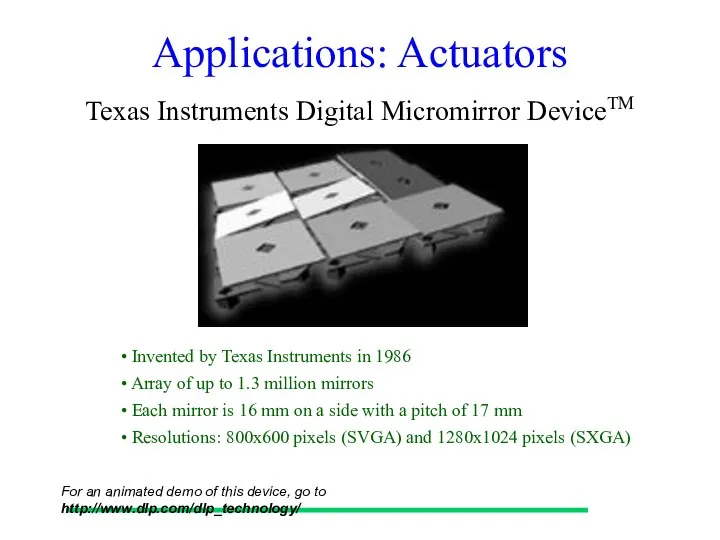 Applications: Actuators Texas Instruments Digital Micromirror DeviceTM Array of up to