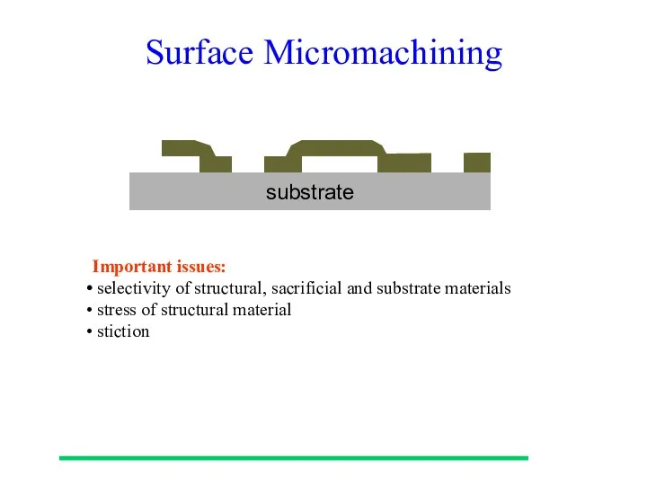 Surface Micromachining substrate Important issues: selectivity of structural, sacrificial and substrate
