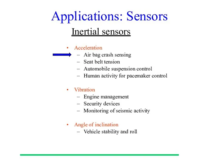 Applications: Sensors Acceleration Air bag crash sensing Seat belt tension Automobile
