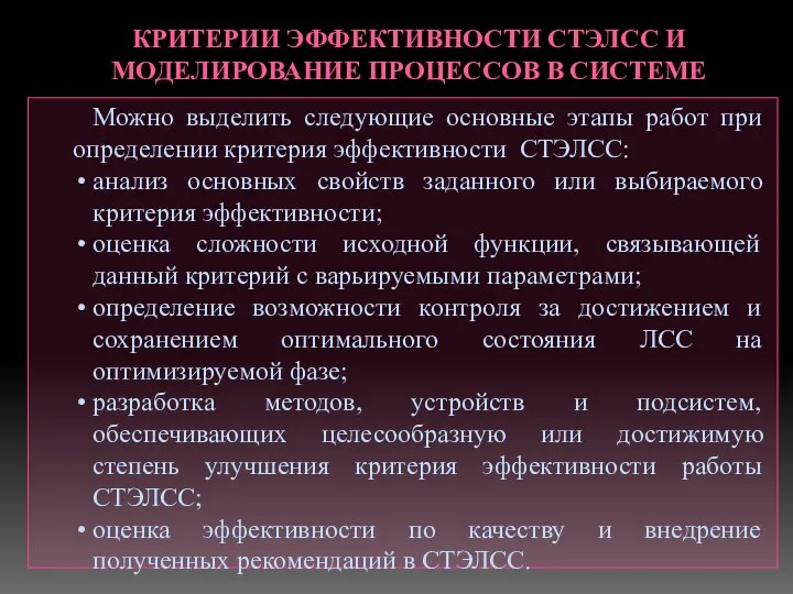 КРИТЕРИИ ЭФФЕКТИВНОСТИ СТЭЛСС И МОДЕЛИРОВАНИЕ ПРОЦЕССОВ В СИСТЕМЕ Можно выделить следующие