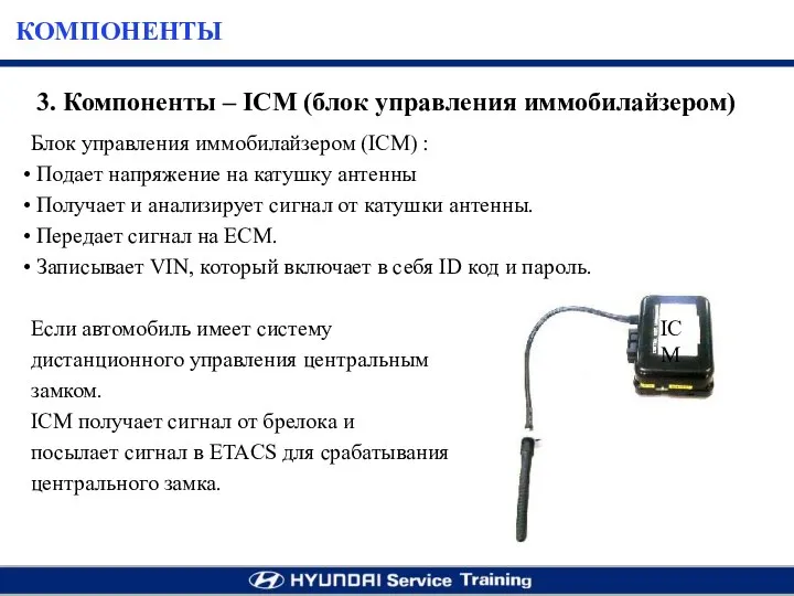 Блок управления иммобилайзером (ICM) : Подает напряжение на катушку антенны Получает