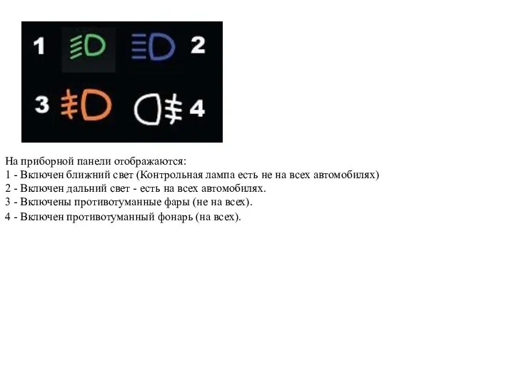 На приборной панели отображаются: 1 - Включен ближний свет (Контрольная лампа