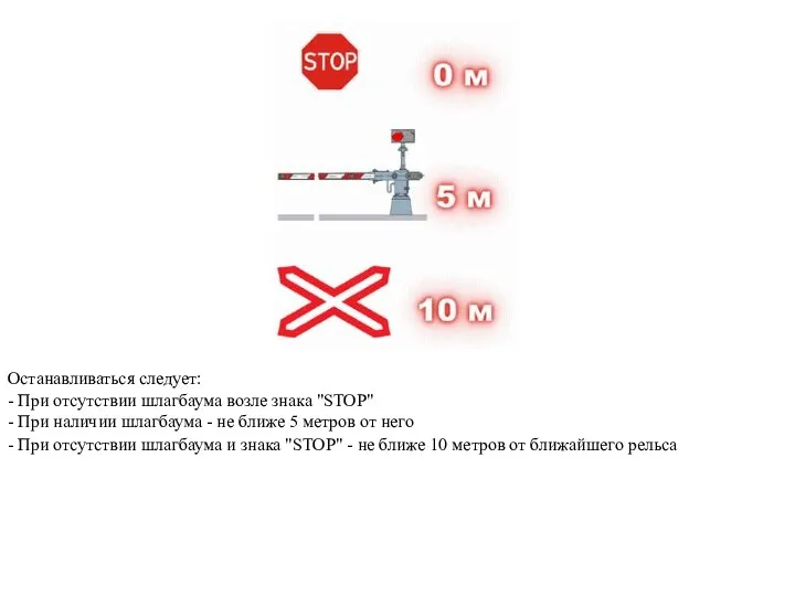 Останавливаться следует: - При отсутствии шлагбаума возле знака "STOP" - При