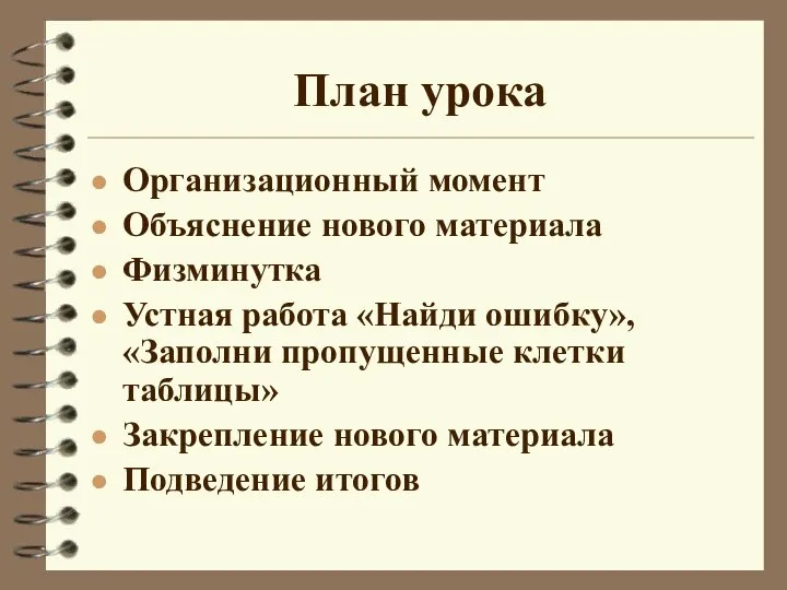 План урока Организационный момент Объяснение нового материала Физминутка Устная работа «Найди