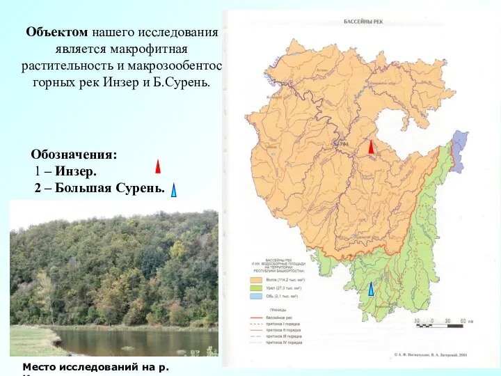 Обозначения: 1 – Инзер. 2 – Большая Сурень. Объектом нашего исследования