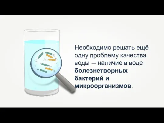 Необходимо решать ещё одну проблему качества воды — наличие в воде болезнетворных бактерий и микроорганизмов.