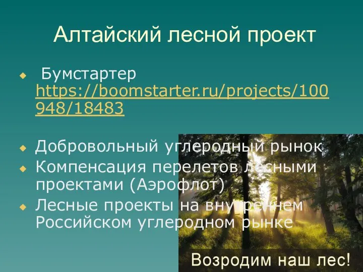 Алтайский лесной проект Бумстартер https://boomstarter.ru/projects/100948/18483 Добровольный углеродный рынок Компенсация перелетов лесными