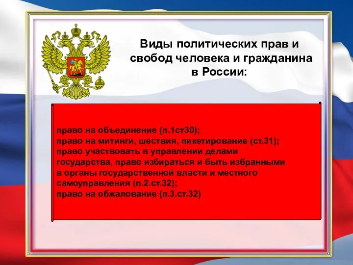 Виды политических прав и свобод человека и гражданина в России: право