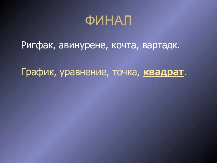 ФИНАЛ Ригфак, авинурене, кочта, вартадк. График, уравнение, точка, квадрат.